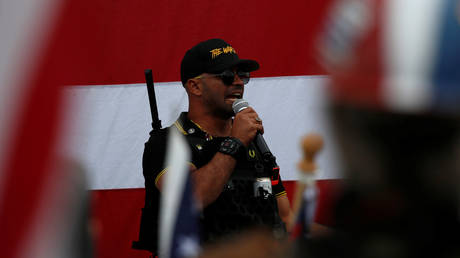 FILE PHOTO: Proud Boys chairman Enrique Tarrio speaks at a rally in Portland, Oregon.