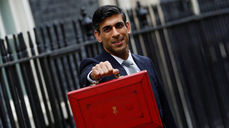 Britain's Chancellor of the Exchequer Rishi Sunak holds the budget box outside 11Downing Street