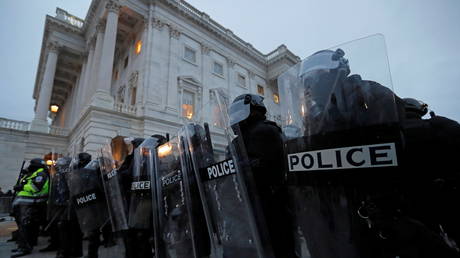 Police stand guard at the U.S. Capitol during a protest against the certification of the 2020 U.S. presidential election results by the US Congress, in Washington, US, January 6, 2021.