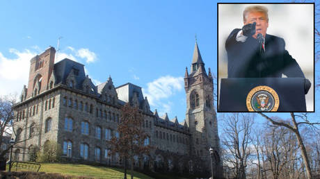 FILE PHOTOS: The Lehigh University campus; (R) President Donald Trump speaks during a rally to contest the certification of the 2020 presidential election results in Washington, DC.