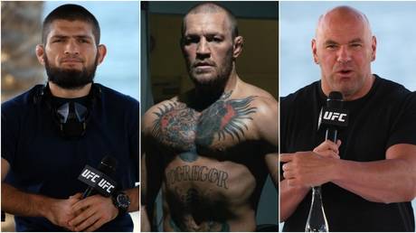 UFC trio Khabib Nurmagomedov, Conor McGregor and Dana White will all be on Fight Island in January. © Getty Images / Zuffa LLC / Instagram @thenotoriousmma