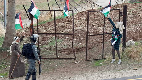 An Israeli settler removes Palestinian flags during a Palestinian protest against Jewish settlements, in Kafr Malik in the Israeli-occupied West Bank, November 20, 2020. © Reuters / Mohamad Torokman