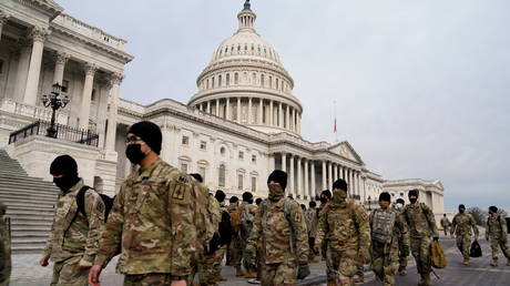 Members of the National Guard at the US Capitol in Washington, DC, on January 11, 2021