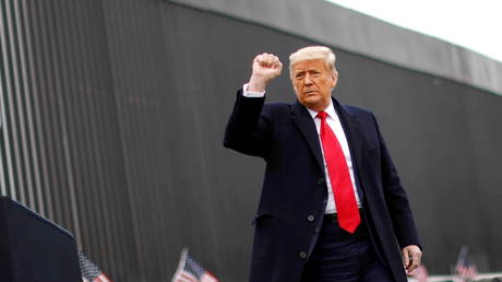 Donald Trump raises his fist as he visits the US-Mexico border wall, in Alamo, Texas, January 12, 2021 © Reuters / Carlos Barria