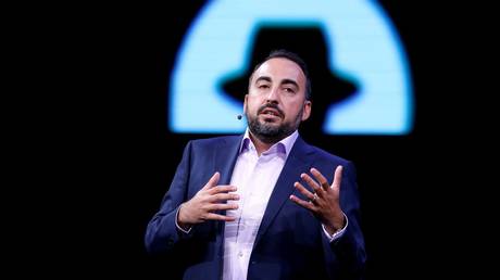 Alex Stamos is shown speaking at the 2017 Black Hat information security conference in Las Vegas.
