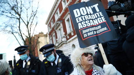 A protester outside the Westminster Magistrates Court in London, UK, January 6, 2021.