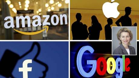 FILE PHOTO: The logos of Amazon, Apple, Facebook and Google in a combination photo. © Reuters; (inset) Ursula von der Leyen © Wikipedia