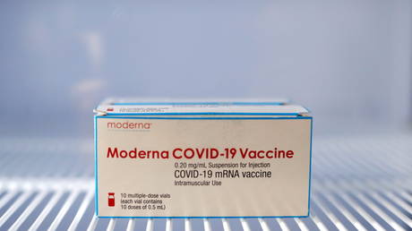 A box of the Moderna coronavirus disease (COVID-19) vaccine