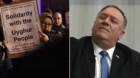 (L) Uighur rights activists stage a demonstration. © NurPhoto via Getty Images / David Cliff; (R) Mike Pompeo © AFP / Tami Chappell