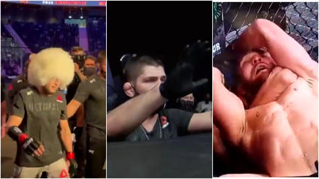 Khabib Nurmagomedov (center) watched his cousin Umar (left) record a victory on Fight Island © YouTube