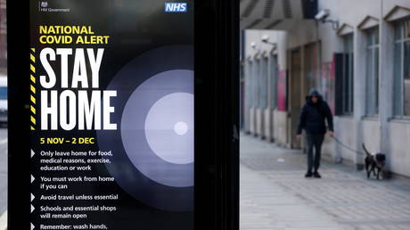 FILE PHOTO: A person walks a dog next to a sign displaying the measures imposed by the government against the outbreak of the coronavirus disease (COVID-19) in London, Britain, November 5, 2020