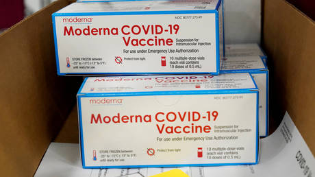FILE PHOTO: Boxes containing the Moderna COVID-19 vaccine are prepared to be shipped at the McKesson distribution center in Olive Branch, Mississippi, U.S. December 20, 2020.