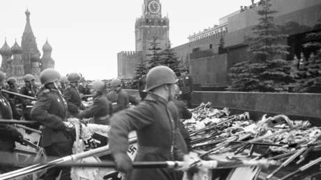 Moscow. 1945 Victory Day Parade. The banners of the defeated fascist armies fall to the walls of the Kremlin.