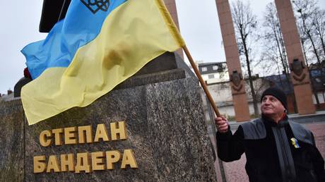 Nationalist march in Ukraine marking Stepan Bandera's 109th birthday, in Lviv.