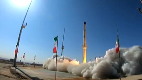 A still shot from Iranian state TV shows the Zuljanah rocket during a test launch.