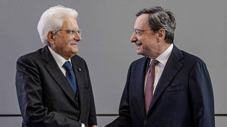 Italy's President Sergio Mattarella, left, and Mario Draghi in Frankfurt, Germany, October 28, 2019