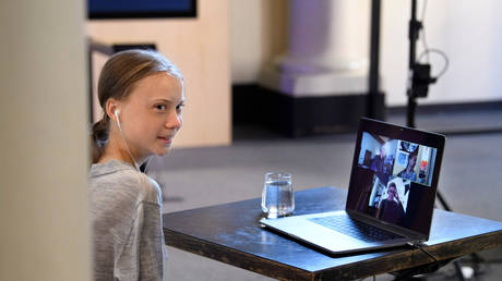 FILE PHOTO: Greta Thunberg participates in a video conference at the Nobel Museum in Stockholm, Sweden.