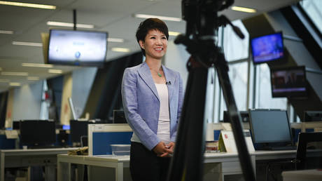 FILE PHOTO: China's state broadcaster CGTN anchor Liu Xin smiles during an interview at the CCTV headquarters in Beijing on May 30, 2019.