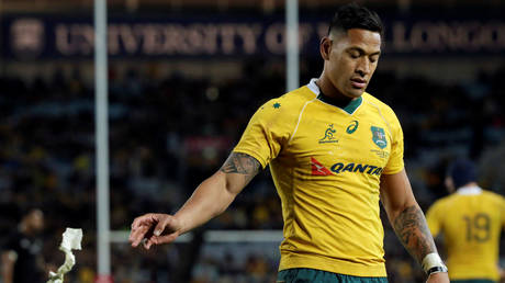 FILE PHOTO: Australia's fullback Israel Folau throws away his wrist tape before the end of the match, Australia's Wallabies v New Zealand All Blacks, Olympic Stadium, Sydney, Australia