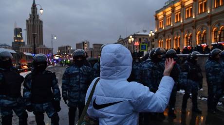 On Komsomolskaya Square during an unauthorized rally of supporters of Alexei Navalny in Moscow.