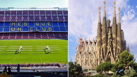 (L) Camp Nou, Stadium of F.C. Barcelona, Barcelona, Spain. © Wikipedia; (R) View of Sagrada Familia from Placa de Gaudi. © Wikipedia