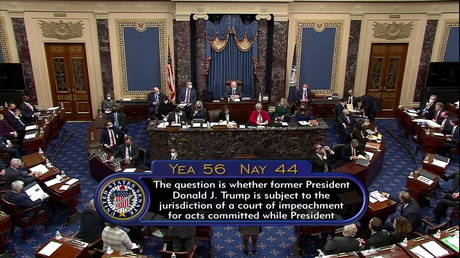 The U.S. Senate votes it is constitutional to try ex-President Donald Trump on charges of inciting an insurrection at the Capitol, February 9, 2021 © Senate TV via Reuters