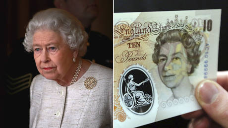 (L) Queen Elizabeth II at Buckingham Palace on November 4, 2015 in London, England. © Getty Images / Chris Jackson; (R) A person poses holding a sample ten pound British polymer banknote during a news conference at the Bank of England in London on September 10, 2013. © AFP / CHRIS RATCLIFFE