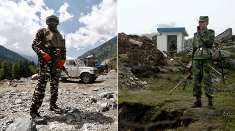 FILE PHOTO: (L) Indian Army along a highway leading to Ladakh, at Gagangeer. © Reuters / Danish Ismail; (R) Chinese soldier stands guard on the Chinese side of the ancient Nathu La © AFP / Diptendu Dutta.