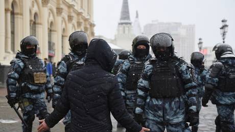 A participant speaks with law enforcement officers guard during a rally in support of opposition activist Alexei Navalny, in Moscow, Russia. © RIA