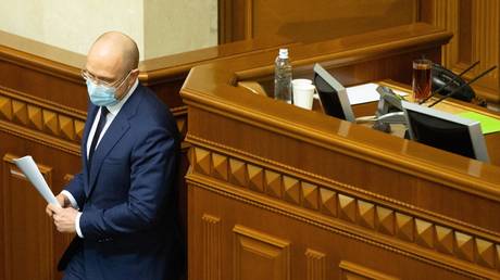 FILE PHOTO. Prime Minister of Ukraine Denis Shmigal prepares to speak during a session of the Verkhovna Rada, Ukraine's Parliament, in Kiev, Ukraine.