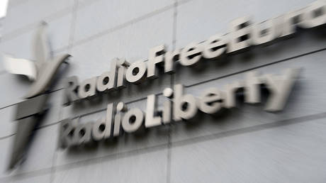 Signboard on the headquarters building of Radio Free Europe / Radio Liberty international organization in Prague. Russia may recognize several media outlets as foreign agents. © Sputnik