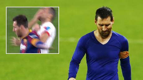Fans claim Lionel Messi escaped ANOTHER red card after appearing to ELBOW Sevilla opponent in nasty exchange (VIDEO)