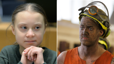 (L) Greta Thunberg ©️ Reuters / Johanna Geron; (R) Miner Phil Kelsey, miner ©️ Reuters / John Giles / Pool