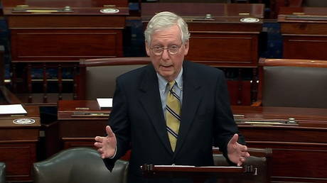 U.S. Senate Minority Leader Mitch McConnell (R-KY) speaks about former U.S. President Donald Trump, accusing him of dereliction of duty, February 13, 2021 © US Senate TV via Reuters