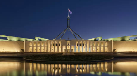 FILE PHOTO: Blue hour photo of Parliament House, Canberra Australia.