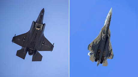 (L) F-35 figher plane © AFP/Eric Baradat; (R) Su-57 fighter plane © AP Photo/Alexander Zemlianichenko