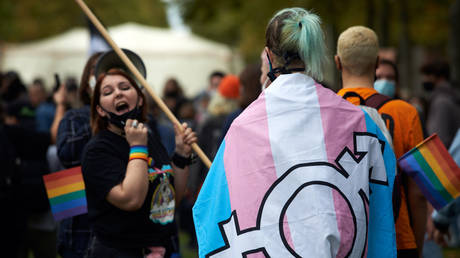 FILE PHOTO: A protester is wrapped in a transgender flag in Toulouse, France, on October 10, 2020