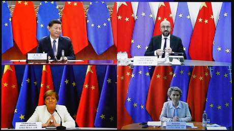 FILE PHOTO: Ursula Von Der Leyen (Bottom R), Angela Merkel (Bottom L), Xi Jinping (Top L) and Charles Michel (Top R) during the European Union - China leaders' meeting via video conference in Brussels, Belgium on September 14, 2020