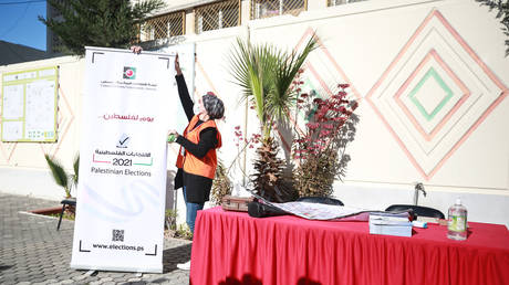 FILE PHOTO: A voter registration point is built in Gaza City, Gaza on February 10, 2021