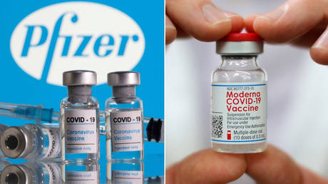 (L) Pfizer / BioNTech vaccine © REUTERS / Dado Ruvic; (R) Moderna vaccine © REUTERS / Mike Segar