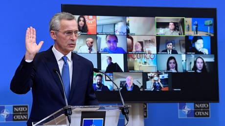 NATO Secretary General Jens Stoltenberg addresses a news conference following a virtual meeting of defence ministers at NATO headquarters in Brussels © John Thys/Pool via REUTERS