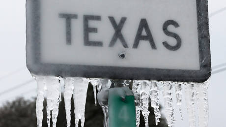 Icicles hang off the State Highway 195 sign on February 18, 2021 in Killeen, Texas.