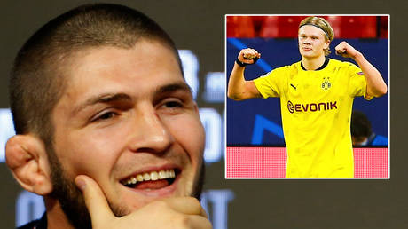 &lsquo;No problem, champ&rsquo;: Khabib Nurmagomedov adds another shirt to his collection as football wonderkid Erling Haaland hails UFC king