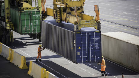 Dockers locked a container elevated on container ship © Getty Images/Thierry Dosogne