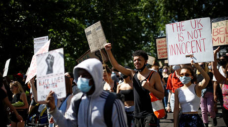 Demonstrators march during a Black Lives Matter protest in London, Britain, July 12, 2020