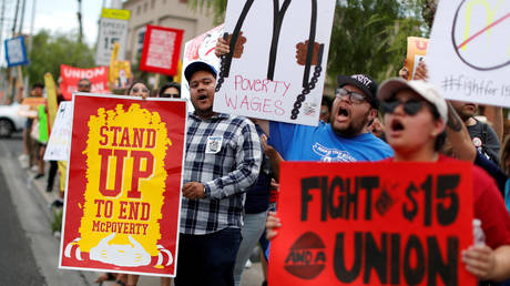 FILE PHOTO. Striking McDonalds workers demanding a $15 minimum wage demonstrate in Las Vegas, Nevada, US.