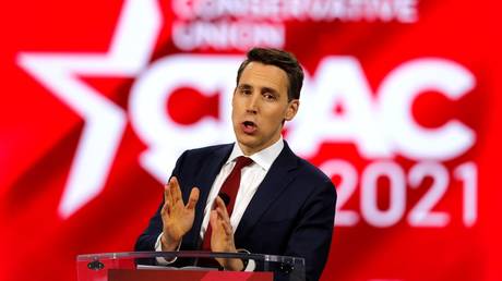 Senator Josh Hawley is shown speaking Friday at the CPAC conference in Orlando.