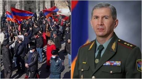 A rally demanding the resignation of Armenian Prime Minister Nikol Pashinyan in Yerevan. © Reuters / Artem Mikryukov; Chief of the General Staff of Armenian Armed Forces, Onik Gasparyan © Armenia's Defense Ministry