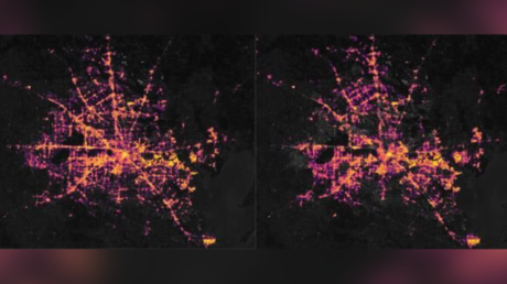 Houston on February 7 (left) and during the rolling blackouts on February 16 (right). © NASA Earth Observatory