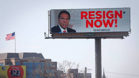 An electronic billboard displays a message that reads "Resign Now" for New York Governor Andrew Cuomo in the wake of allegations that he sexually harassed young women, in Albany, New York, US, March 3, 2021.